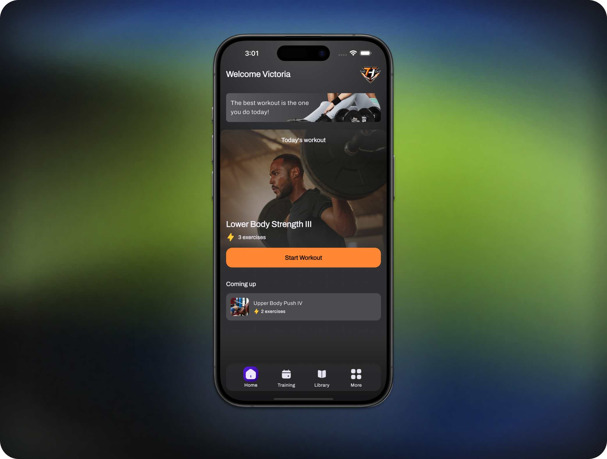 A branded fitness app displayed on an iPhone